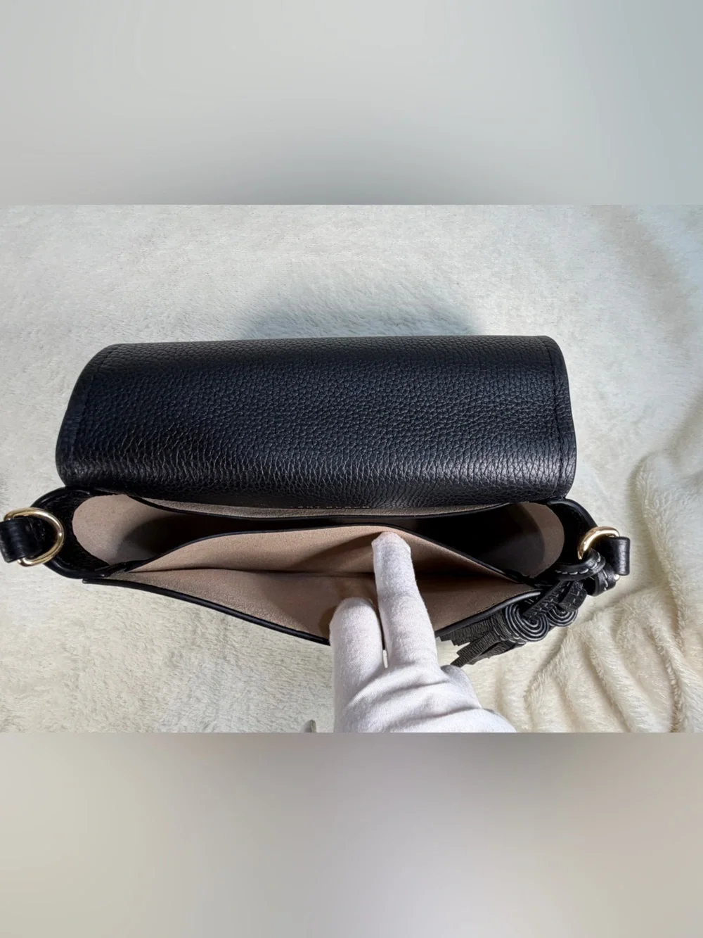 Tory Burch Thea Flap Black Pebbled Leather‎ Crossbody with Tassel and Wide Strap